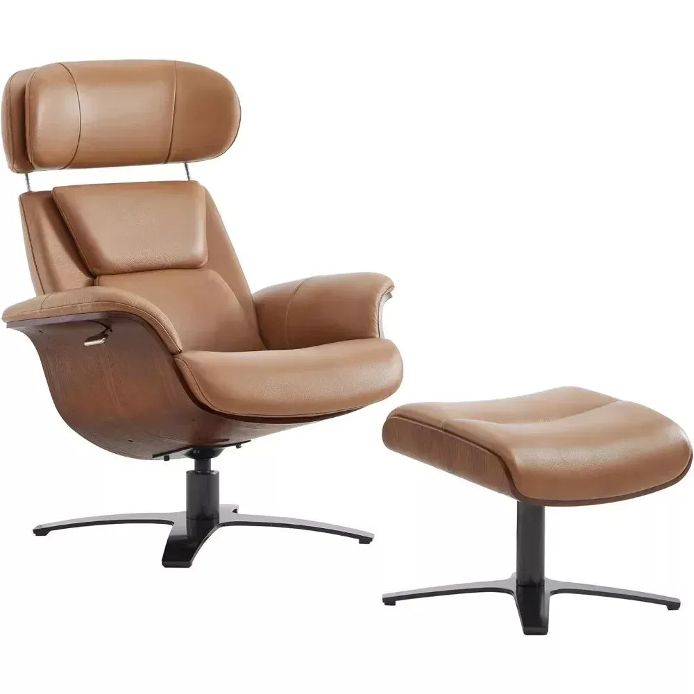 Genuine Leather Recliner Chair with Swivel Base, Ottoman & Adjustable Headrest - DSARD