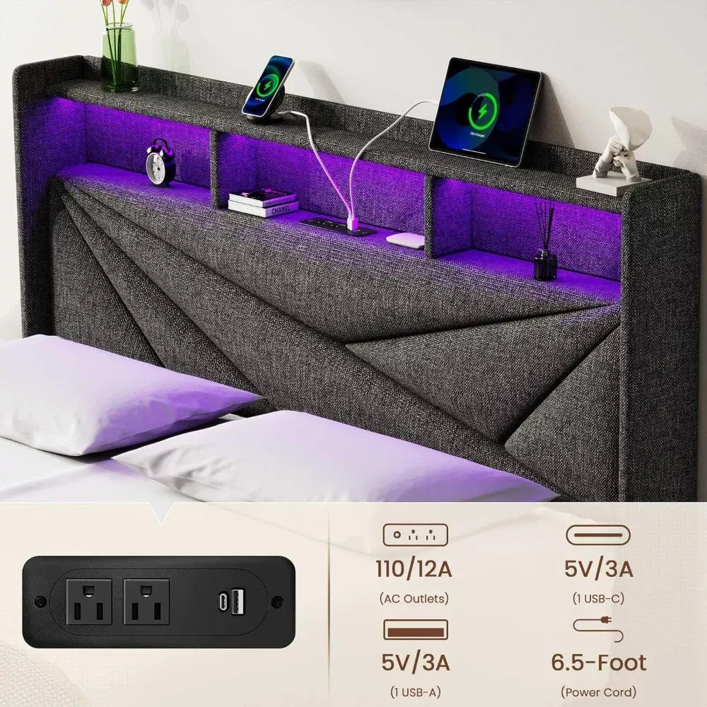 LED Upholstered Queen Bed Frame with Headboard, Storage Drawers & Charging Ports - DSARD