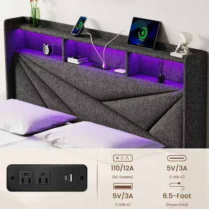 LED Upholstered Queen Bed Frame with Headboard, Storage Drawers & Charging Ports - DSARD