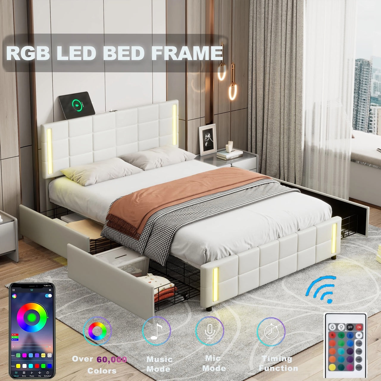 Queen Platform Bed with LED Lights – Modern Upholstered Bedroom