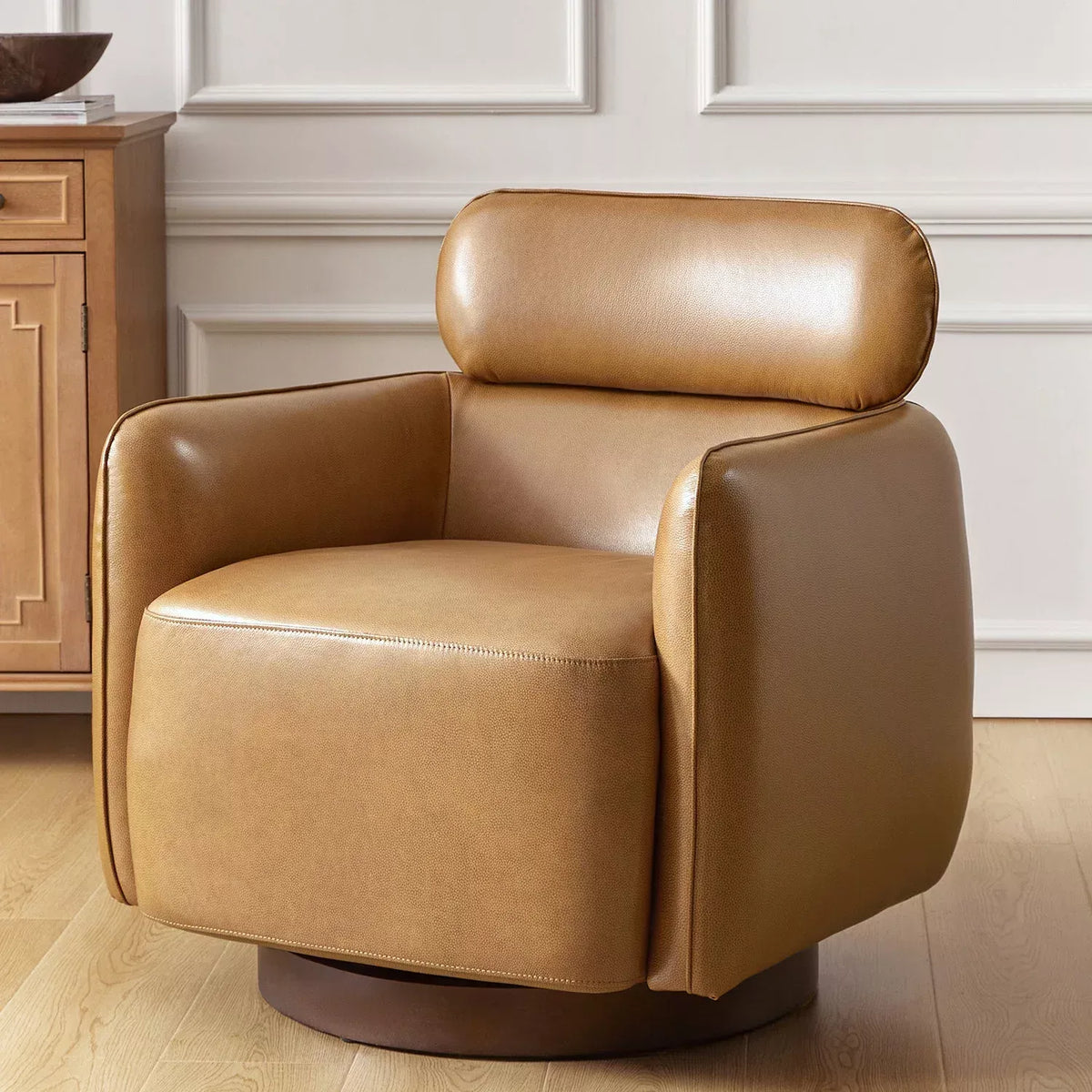 Genuine Leather Swivel Rocker Chair with Adjustable Headrest for Living Room - DSARD