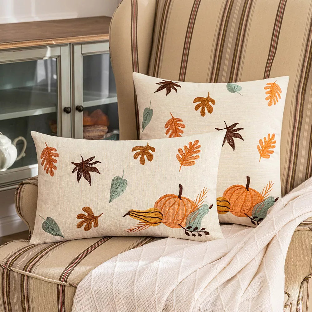 Autumn Leaves Embroidered Pillow Covers – Cozy Seasonal Decor - DSARD