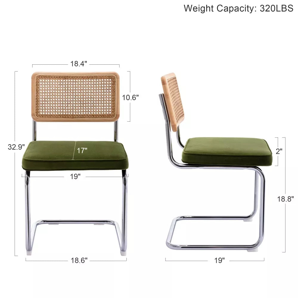 Modern Rattan & Velvet Dining Chairs Set of 2 – Cane Back with Chrome Legs - DSARD