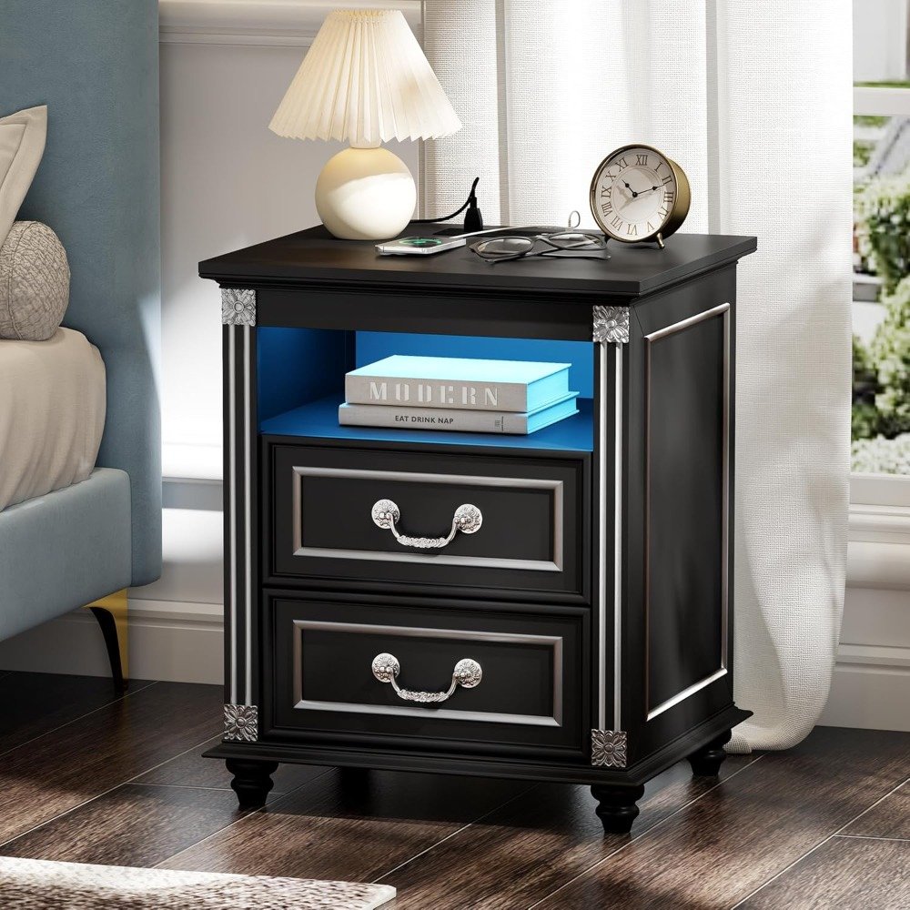 Set of 2 Premium Nightstands with LED Lights & Charging Station