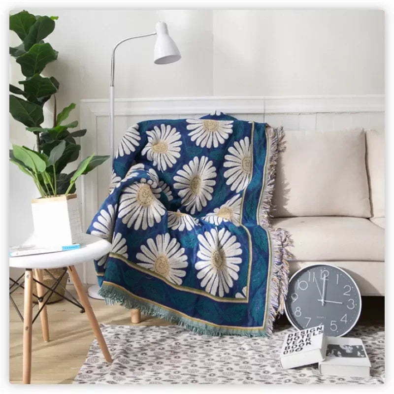 Blue Sunflower Cotton Throw Blanket – Rustic, Cozy, and Dustproof Cover - DSARD