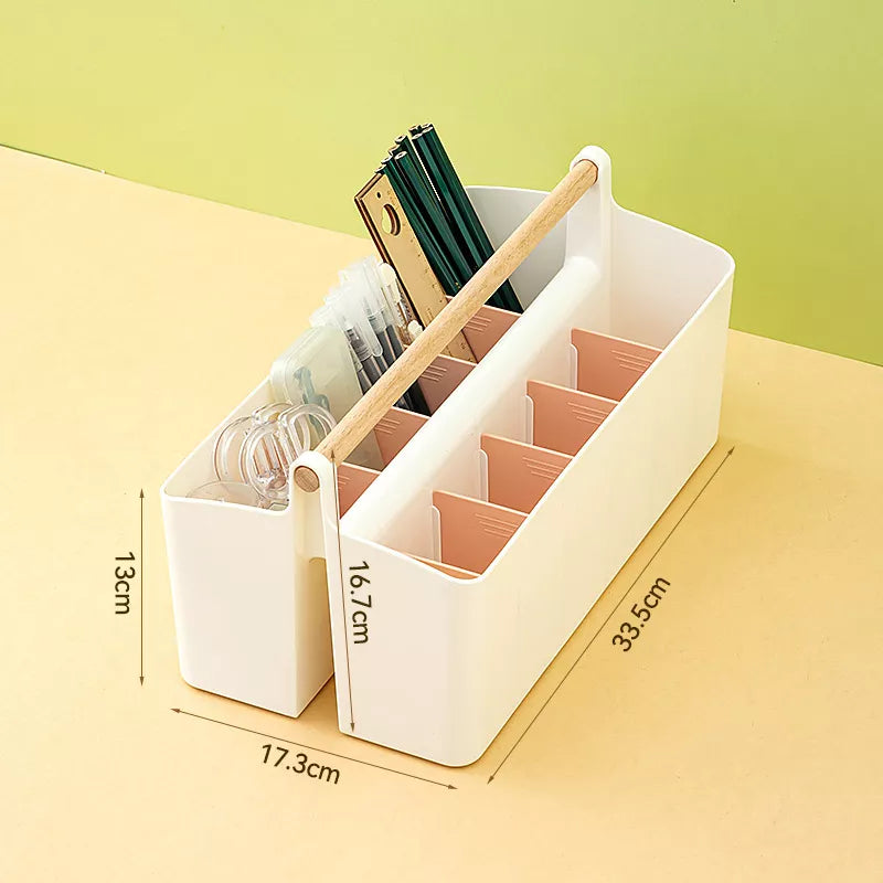 Adjustable Plastic Desktop Organizer Caddy with Wooden Handle