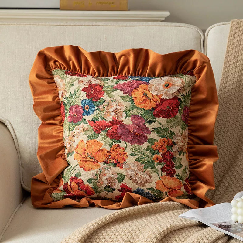 Velvet Ruffle Floral Cushion Cover – Orange & Dark Green Vintage Accent Pillow