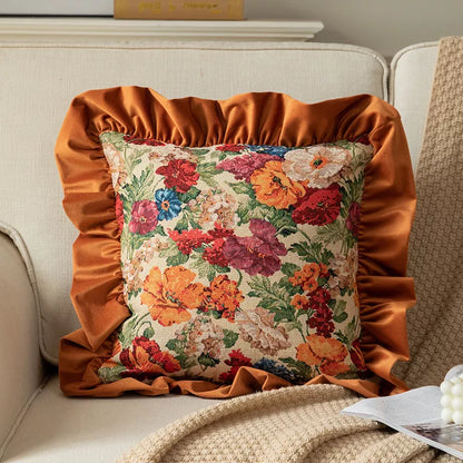 Velvet Ruffle Floral Cushion Cover – Orange & Dark Green Vintage Accent Pillow