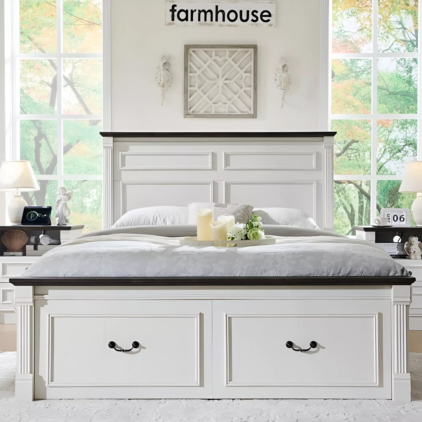 Farmhouse Full Size Platform Bed Frame with Storage Drawers & Roman Column Design - DSARD