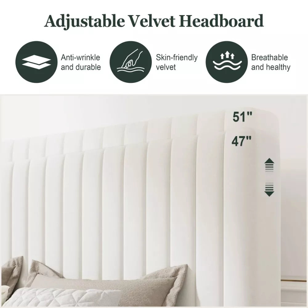 Queen Velvet Bed Frame with Adjustable Headboard & Storage