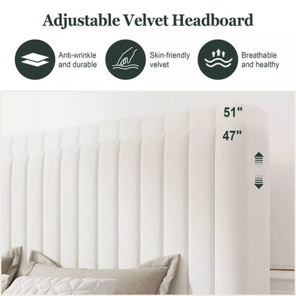 Queen Velvet Upholstered Bed Frame with Adjustable Headboard & Storage - DSARD