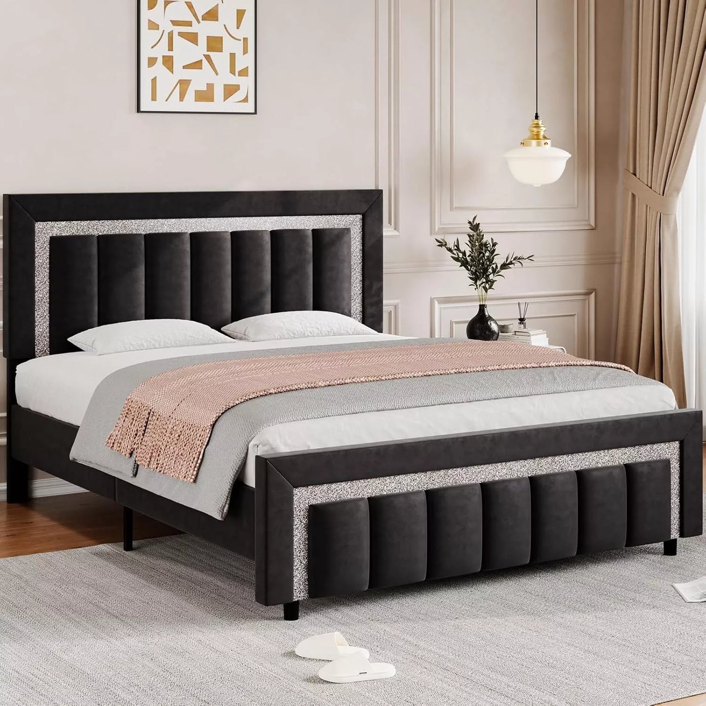 Black Velvet Full Size Bed Frame with Diamond Tufted Headboard & Footboard - DSARD