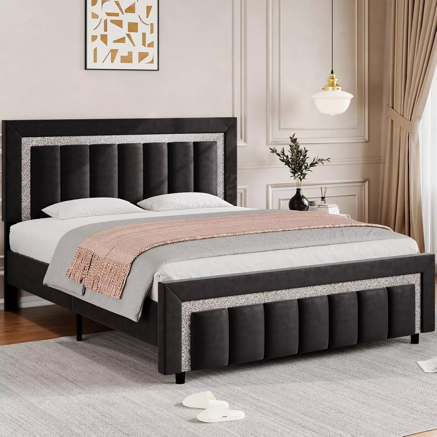 Black Velvet Full Size Bed Frame with Diamond Tufted Headboard & Footboard - DSARD - DSARD