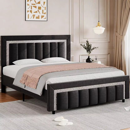 Black Velvet Full Size Bed Frame with Diamond Tufted Headboard & Footboard - DSARD