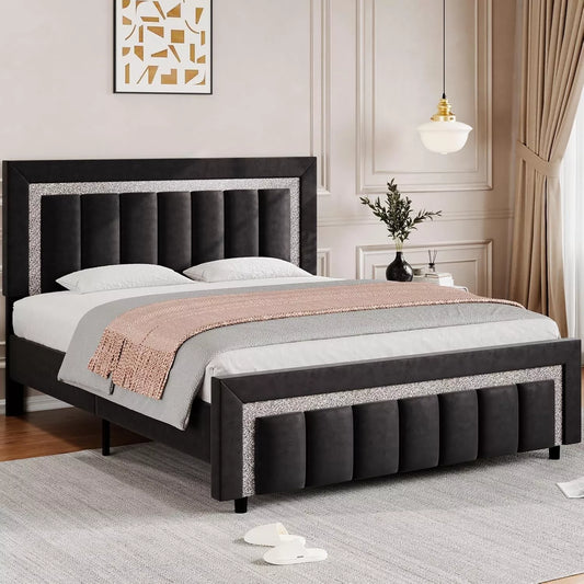 Black Velvet Full Size Bed Frame with Diamond Tufted Headboard & Footboard - DSARD