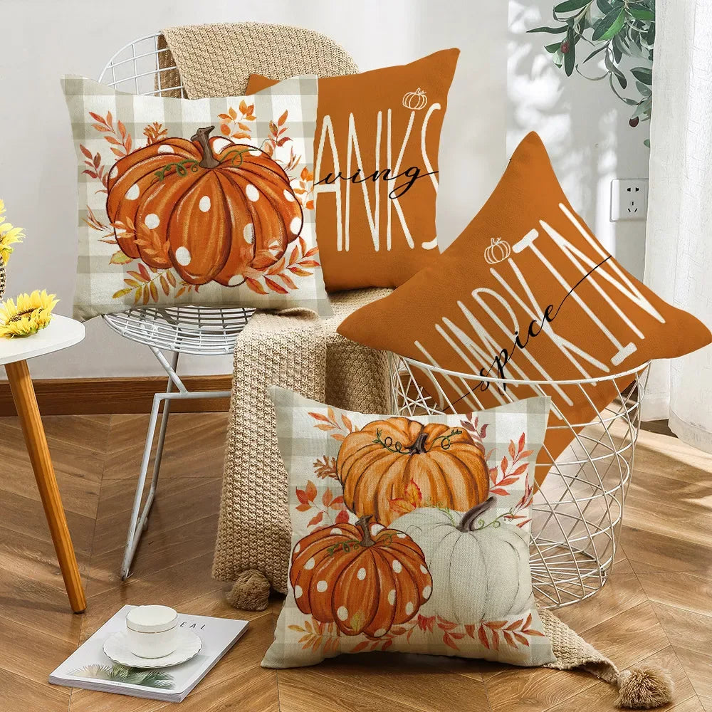 Fall Pumpkin Linen Blend Decorative Throw Pillow Covers 18×18 Inch - DSARD
