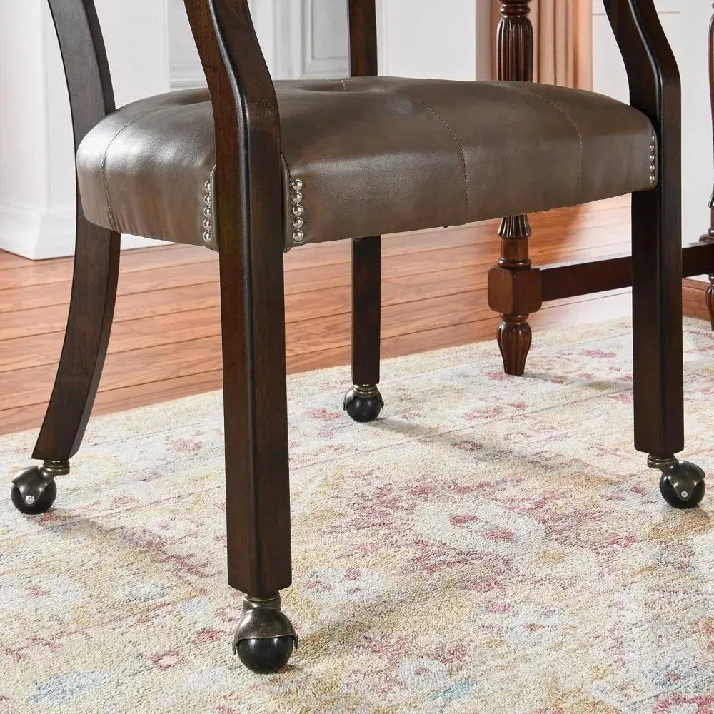 Set of 2 Mid-Century Leather Dining Chairs with Wheels and Arms - DSARD