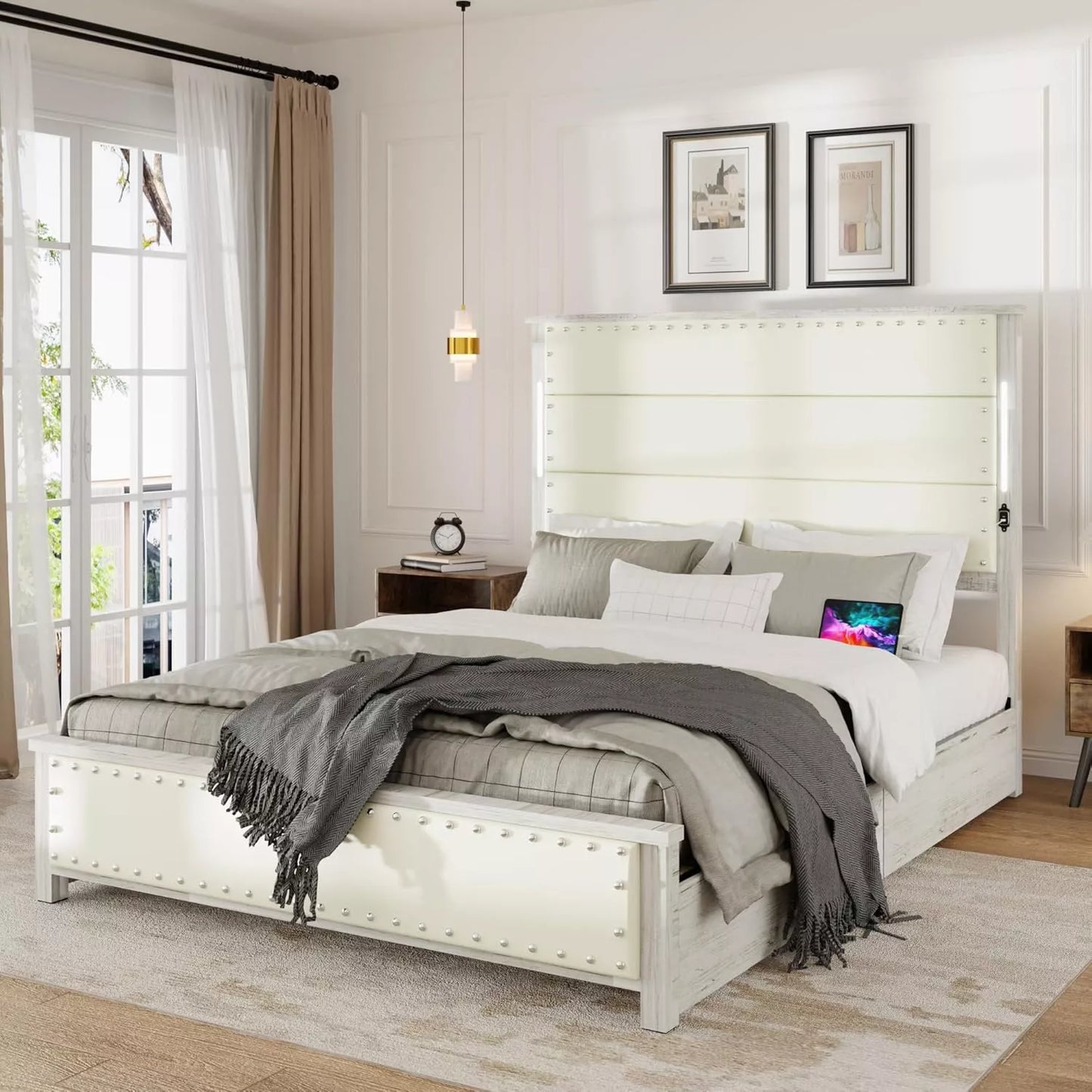 LED Bed Frame with Charging Station, Tall Headboard & 4 Storage Drawers - DSARD