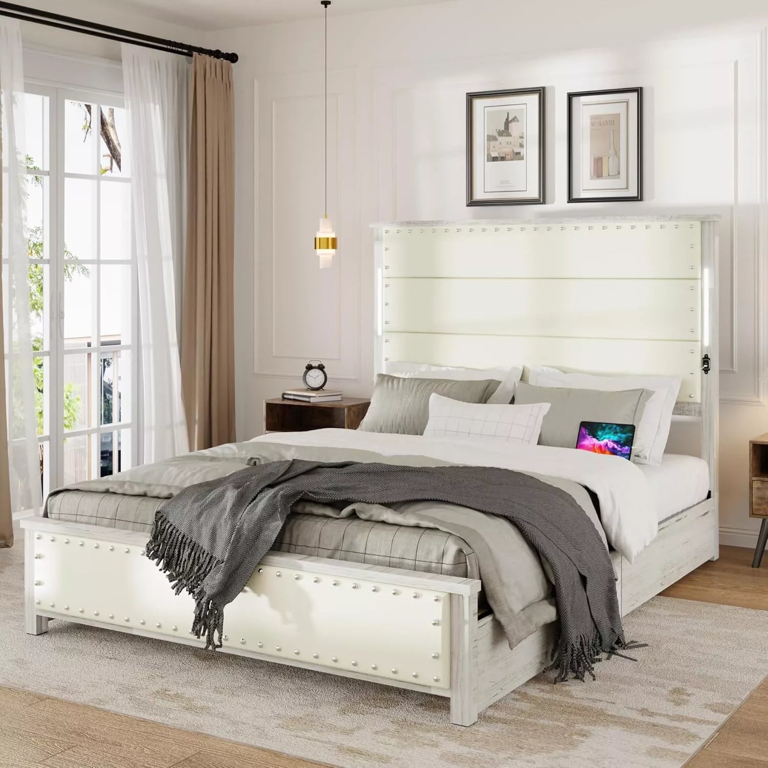 LED Bed Frame with Charging Station, Tall Headboard & 4 Storage Drawers - DSARD