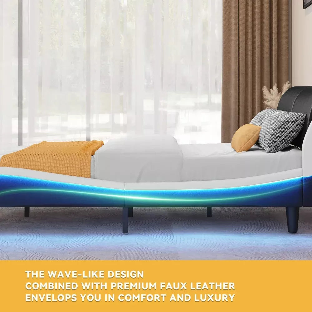 Queen Faux Leather LED Bed Frame with Wave Design – No Box Spring