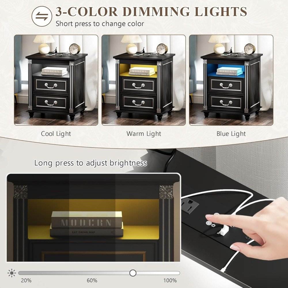Set of 2 Premium Nightstands with LED Lights & Charging Station