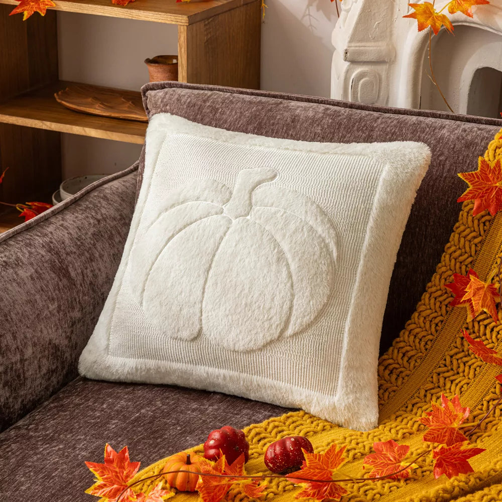 Plush Pumpkin Leaf Cushion Cover – Autumn Faux Fur Pillow Case 18×18 Inc