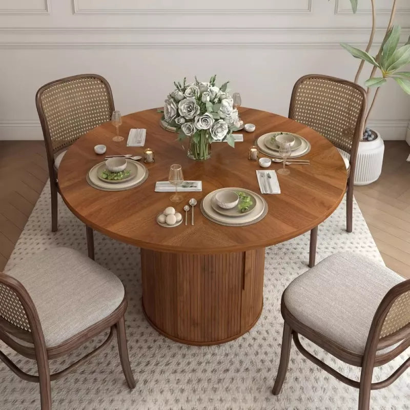 Round Dining Table with 2-Layer Storage Shelf and Wood Slide Door - DSARD