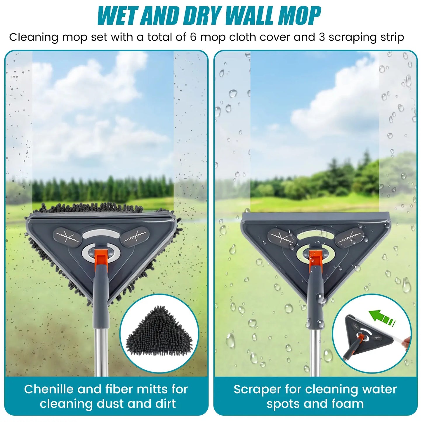 360° Rotatable Wall Mop with Adjustable Long Handle and Triangular Head