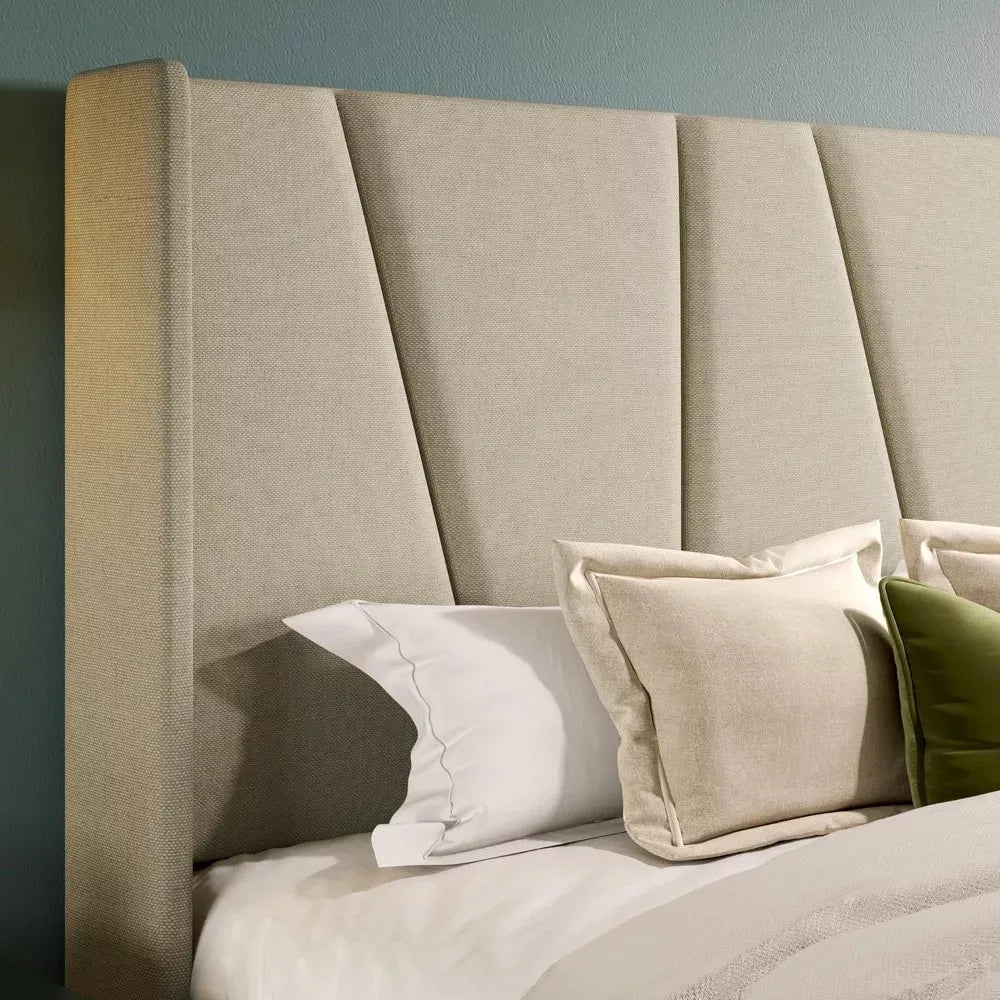 Queen Platform Bed with Geometric Wingback Headboard & Wood Slats