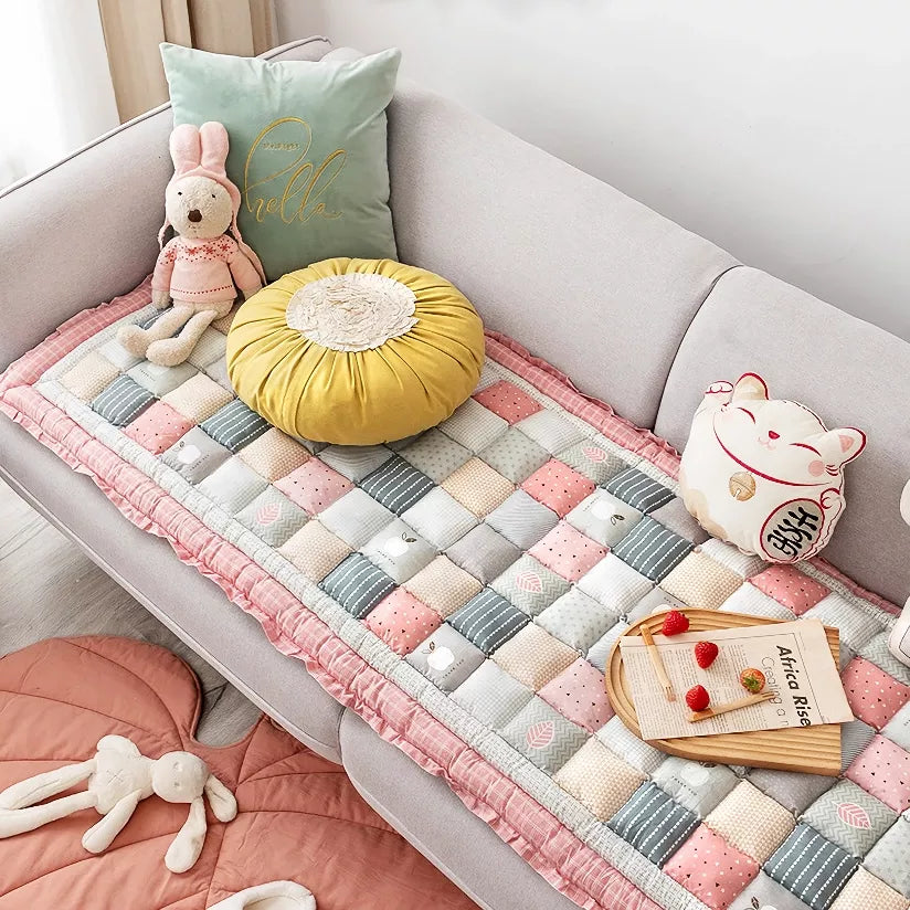 Thick Cotton Grid Patchwork Sofa Cushion & Anti-Slip Tatami Mat