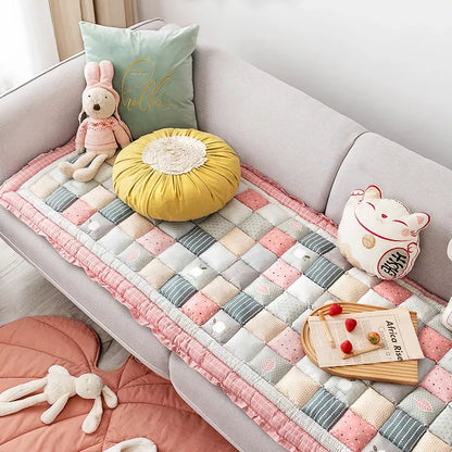 Thick Cotton Grid Patchwork Sofa Cushion & Anti-Slip Tatami Mat