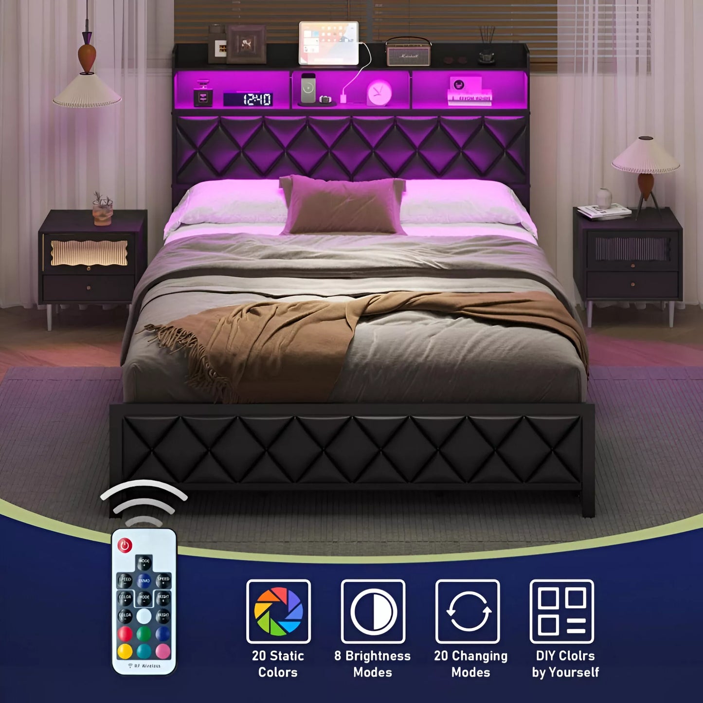Queen Bed Frame with Storage Headboard, 4 Drawers, RGB LED, and Charging Station - DSARD