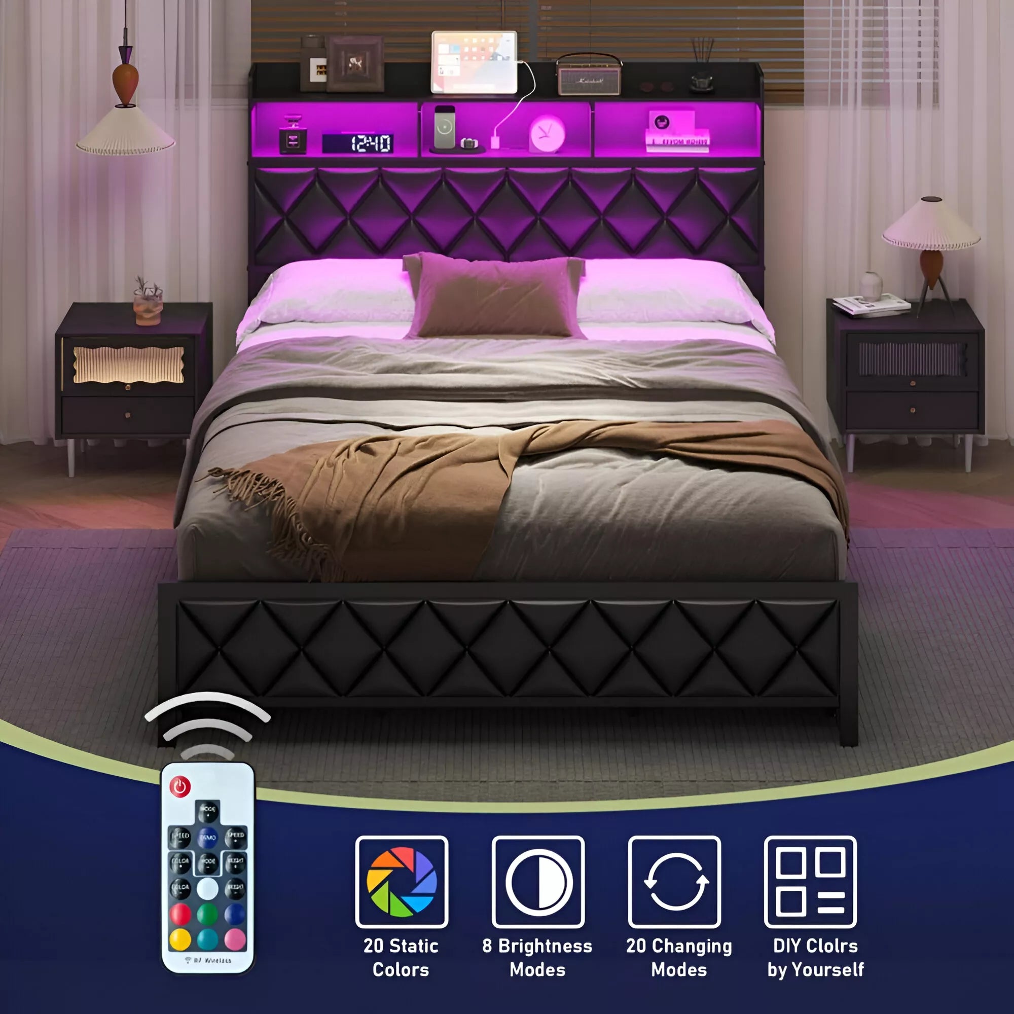 Queen Bed with 4 Drawers, RGB LED, Storage Headboard & Charging