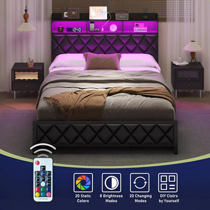 Queen Bed Frame with Storage Headboard, 4 Drawers, RGB LED, and Charging Station - DSARD