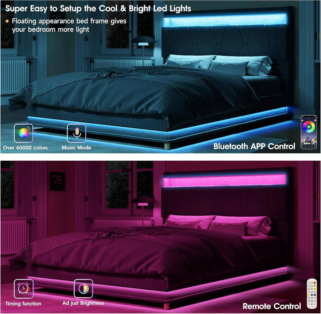 Full Size Upholstered Bed Frame with Lift-Up Storage, Charging Ports & LED Lights - DSARD