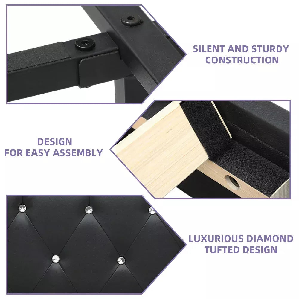 Queen Floating Bed Frame with LED, Crystal-Tufted Headboard & USB