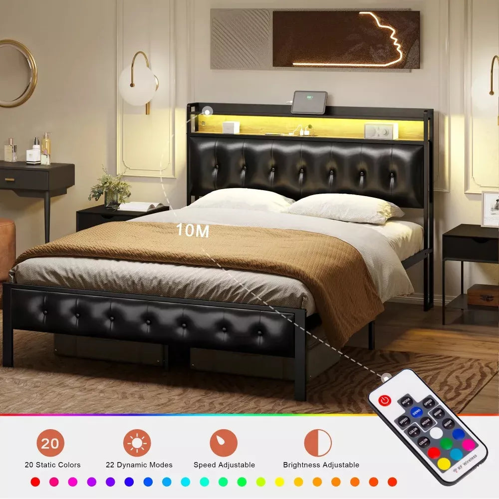 Queen Bed Frame with Storage Headboard, LED & Power Charging Station