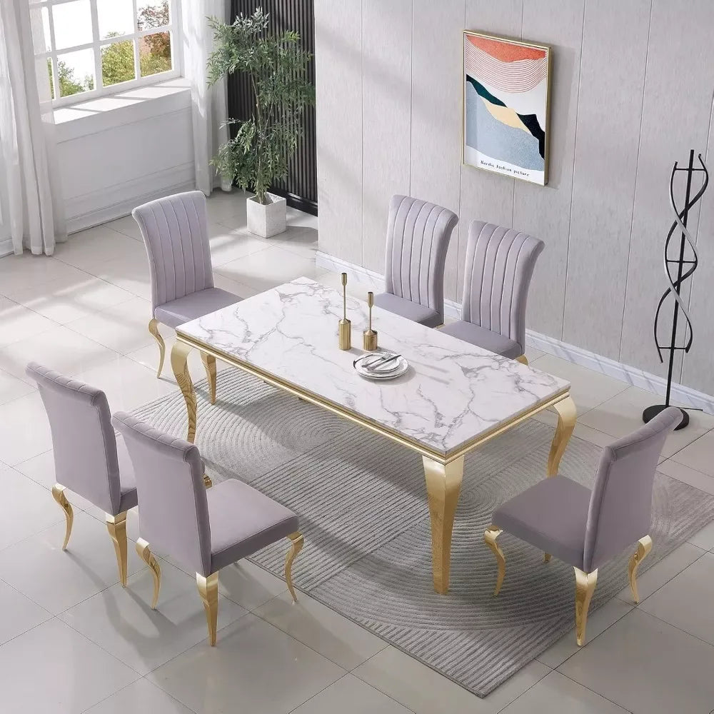 70″ Modern Faux Marble Dining Table for 6-8 People with S-Shaped Gold Base - DSARD - DSARD