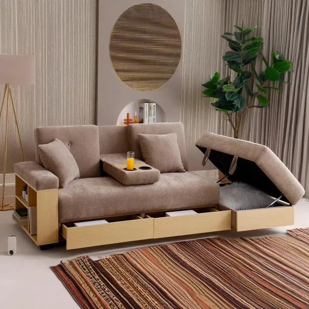 84.65″ Convertible Sofa Bed with Storage Ottoman & Adjustable Armrest - DSARD - DSARD