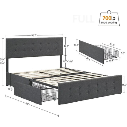 Full Size Upholstered Bed Frame with Storage Drawers & Adjustable Headboard - DSARD
