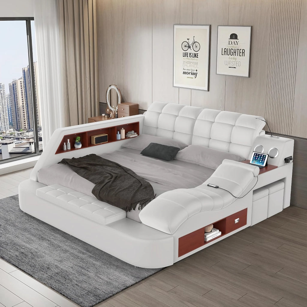 Luxury Smart King Bed with Massage Recliner, Bluetooth Speakers, Storage & USB Ports - DSARD