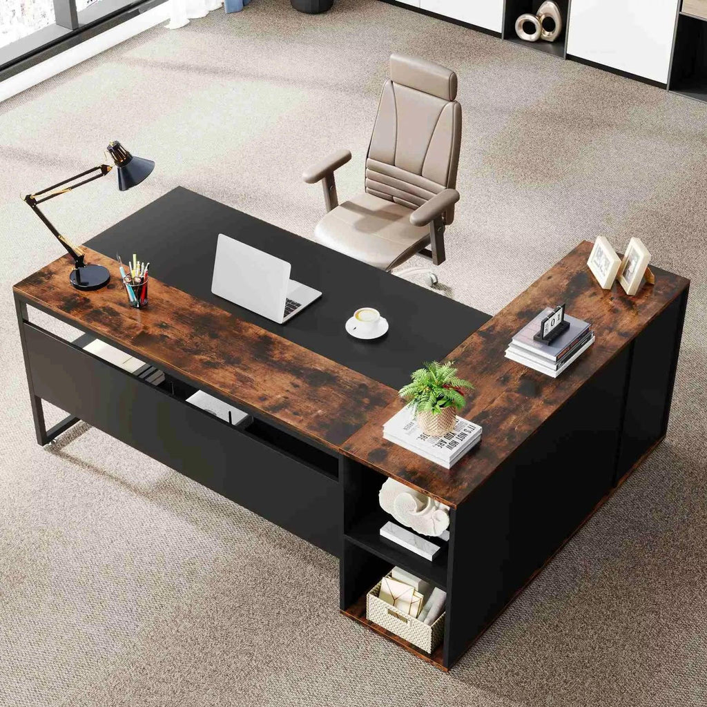 71″ L-Shaped Executive Desk with Storage Cabinet and Shelves - DSARD - DSARD