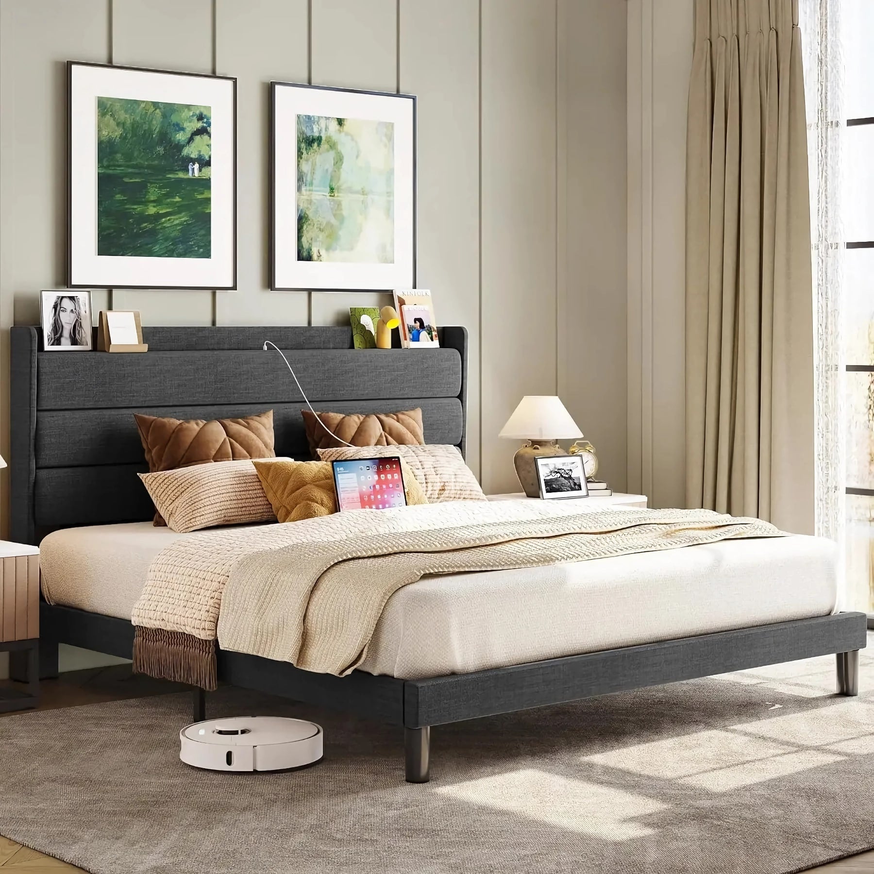 Queen Bed Frame with Storage Headboard & Built-In Outlets