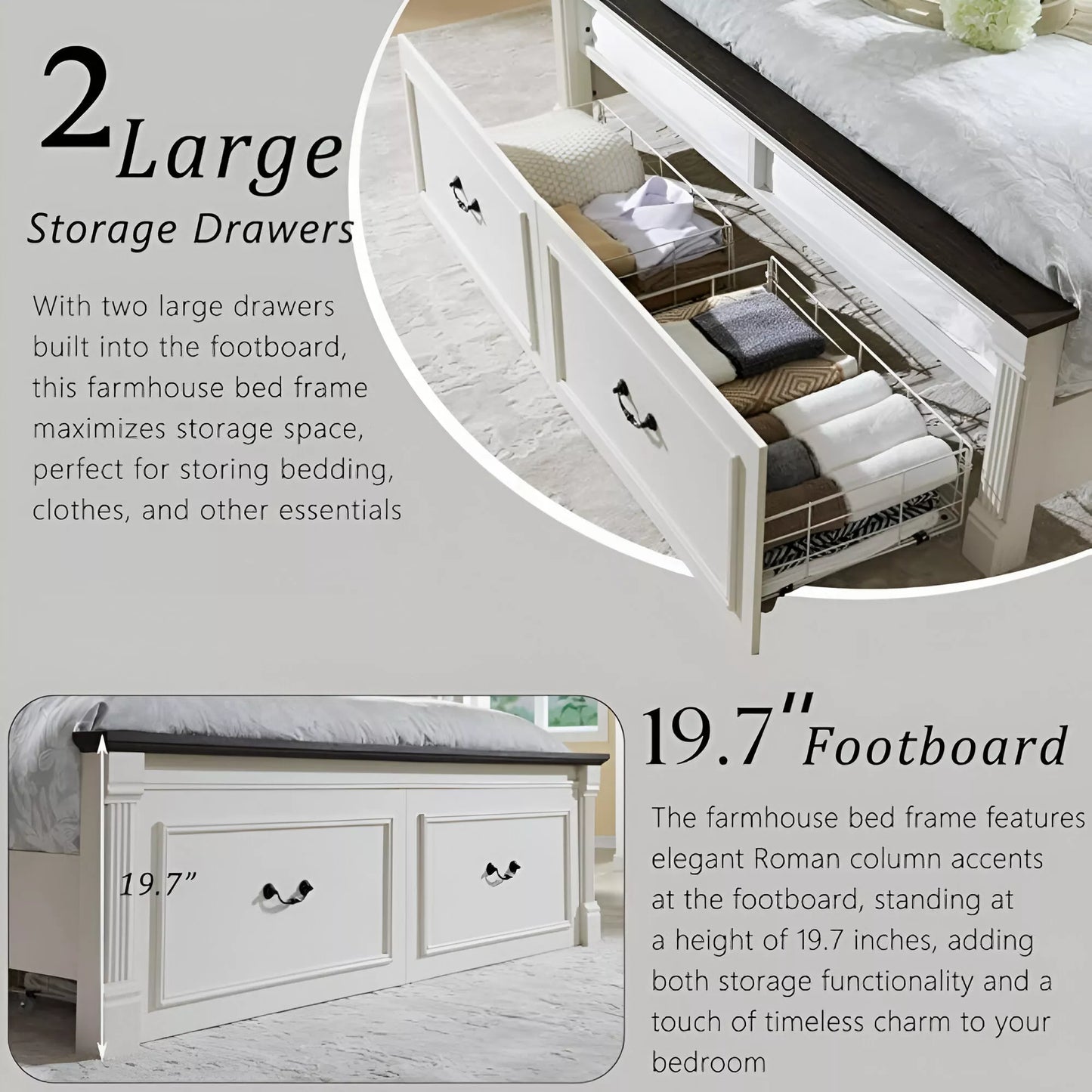Farmhouse Full Size Platform Bed Frame with Storage Drawers & Roman Column Design - DSARD