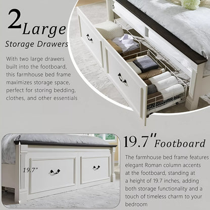 Farmhouse Full Size Platform Bed Frame with Storage Drawers & Roman Column Design - DSARD
