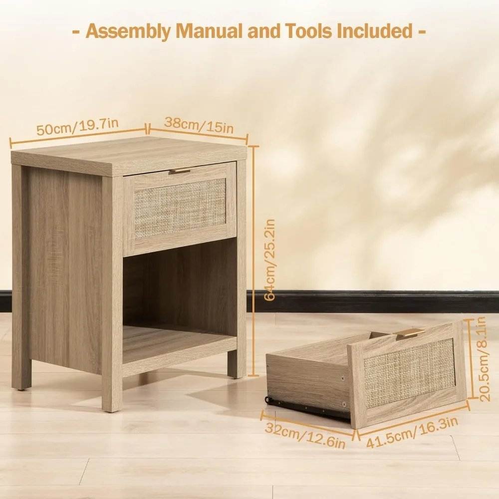 Rattan Premium Nightstands Set of 2 – Farmhouse Boho Bedside Tables with Drawer & Shelf