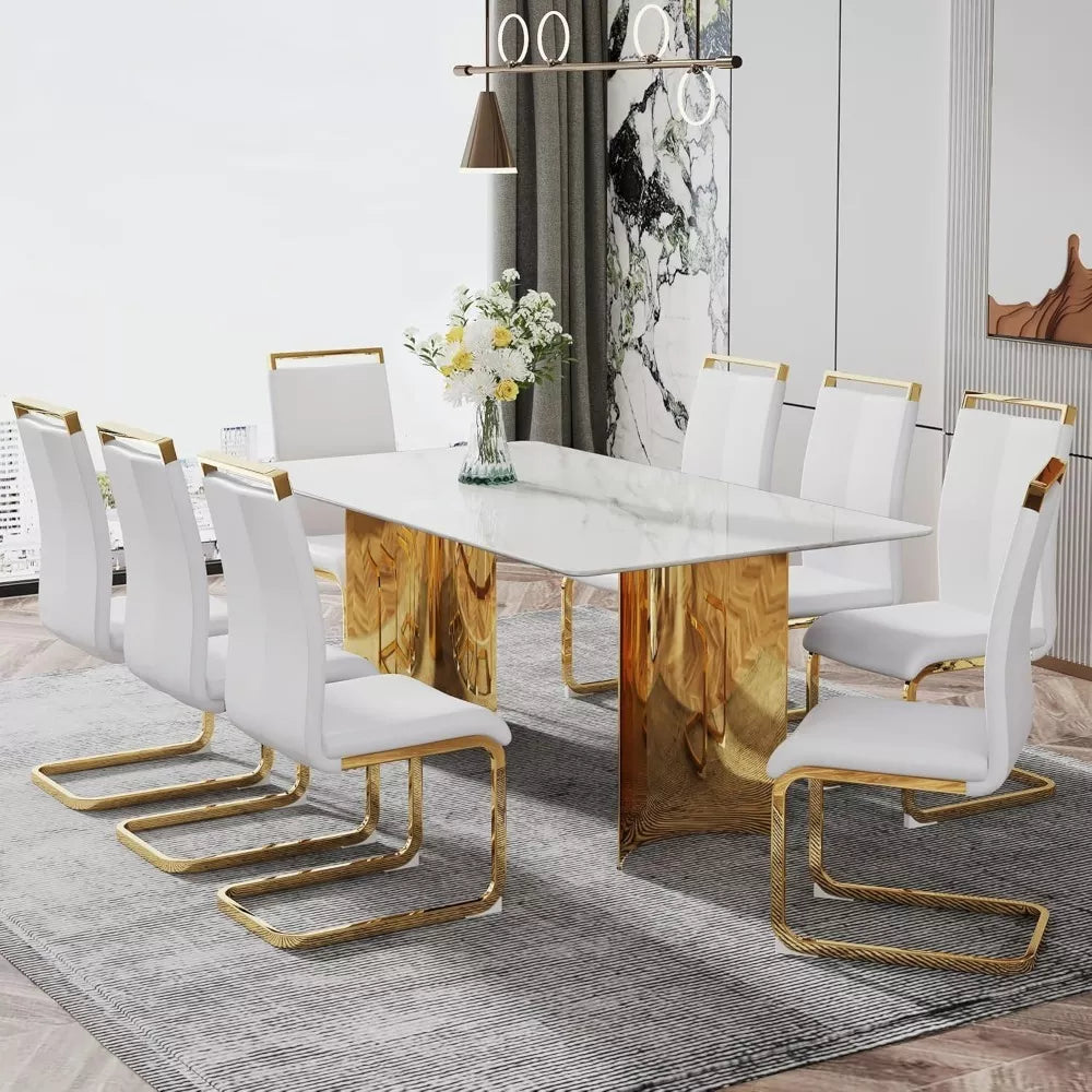 Modern 71” Dining Table Set for 8 with Marble Finish Glass Top & Gold Stainless Steel Base - DSARD