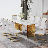 Modern 71” Dining Table Set for 8 with Marble Finish Glass Top & Gold Stainless Steel Base - DSARD