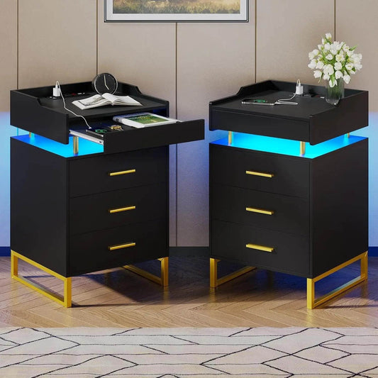 Set of 2 LED Premium Nightstands with 3 Drawers, Pull-Out Tray & Charging Station