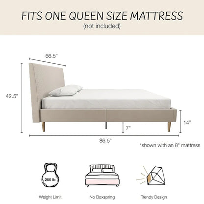 Velvet Upholstered Queen Bed with Modern Platform and Headboard - Ivory - DSARD